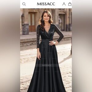 BRAND NEW Missacc A-Line V-Neck Long Sleeves Satin/Sequined Black Dress Size 18